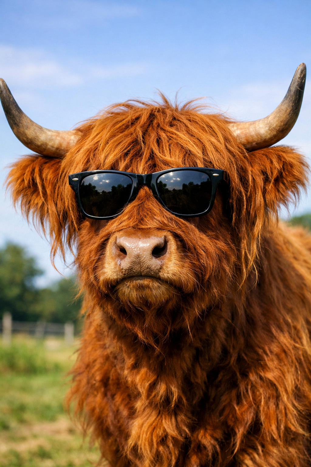 Cool Scottish Highland cow with sunglasses